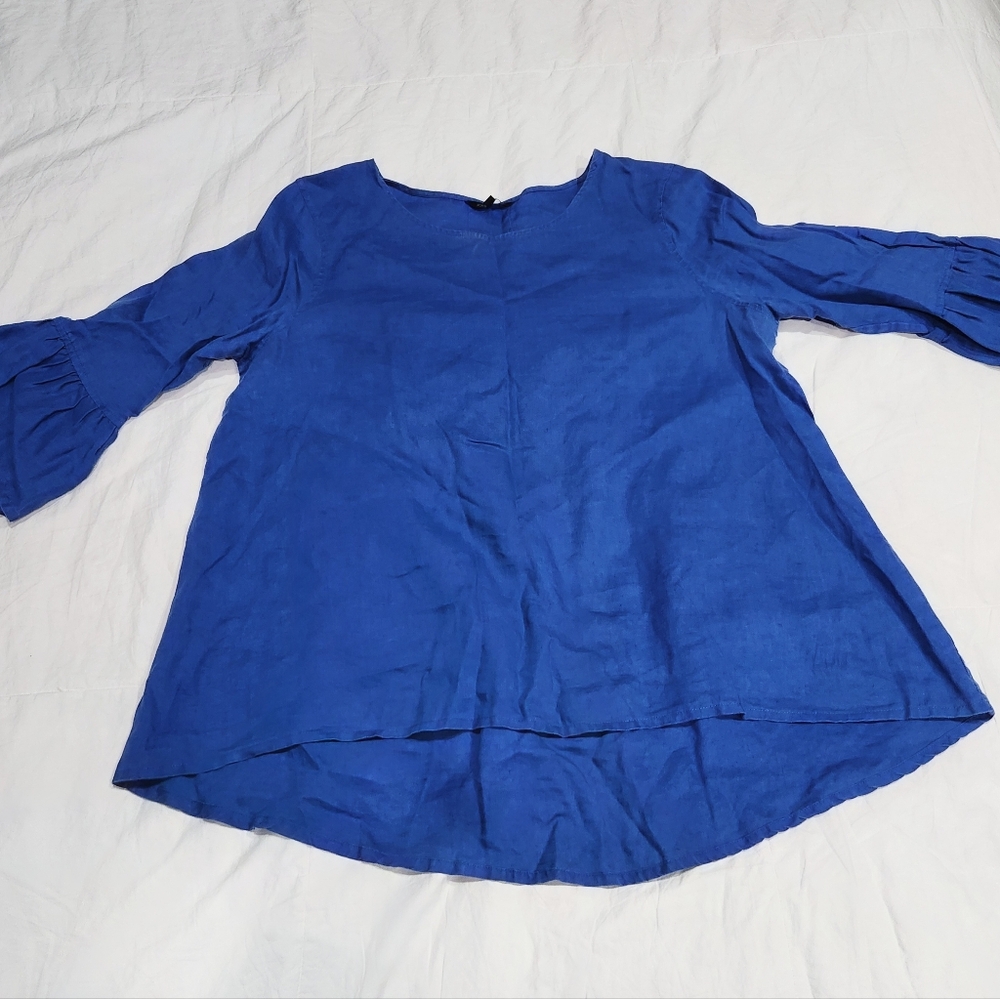 John Mark 100% Linen Blue Hi Low Tunic Top 3/4 Bell Sleeves Size Large